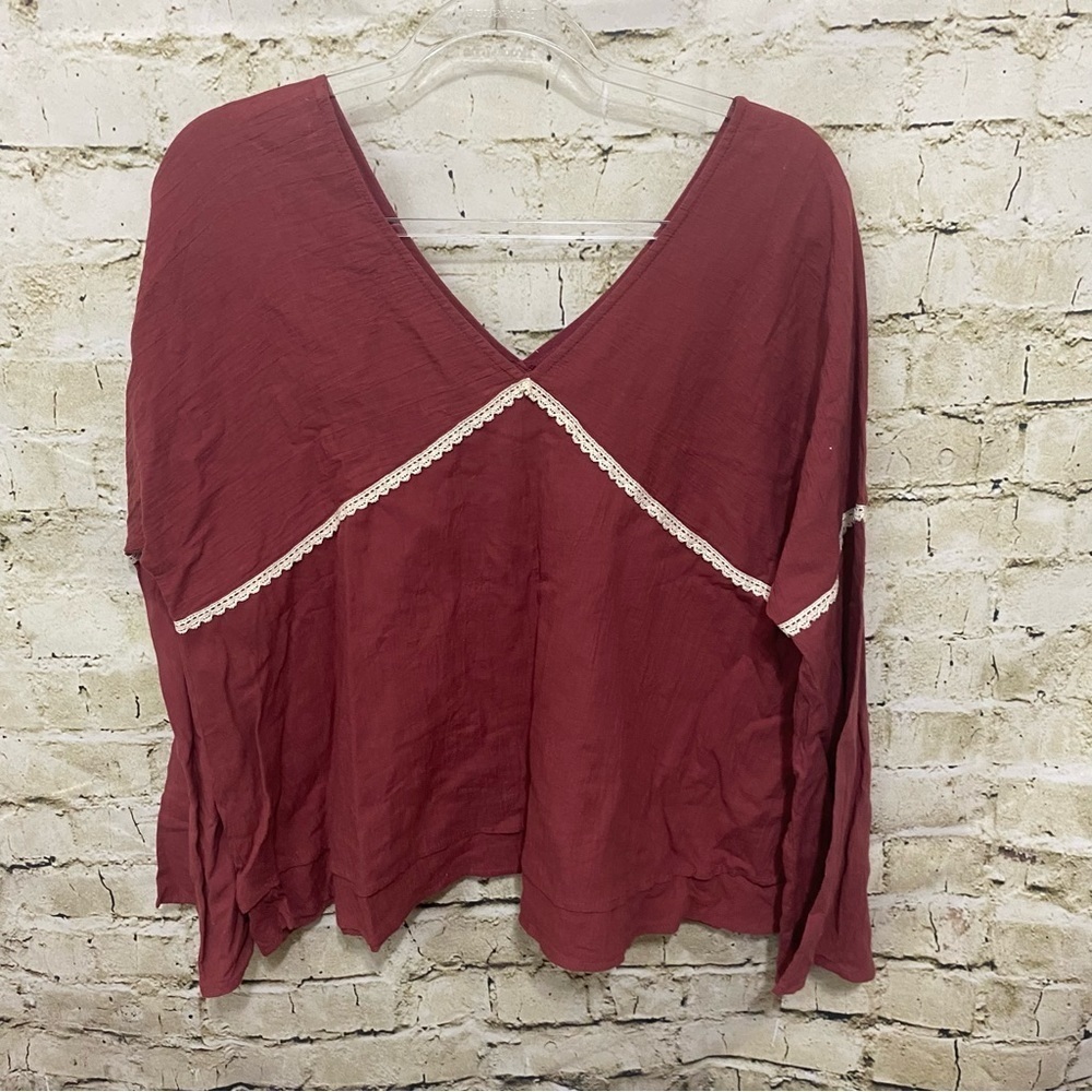 Listicle‎ Burgundy Lace V Neck Cotton Bell Sleeve Top